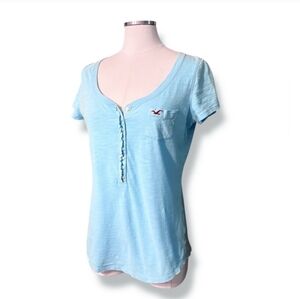 HOLLISTER Blue Scoop Neck Henley Baby Tee Y2K VINTAGE